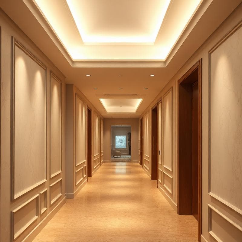 Corredor com painéis decorativos e sanca iluminada