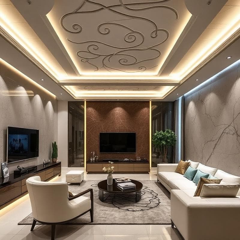 Sala de estar com sanca decorativa e iluminação